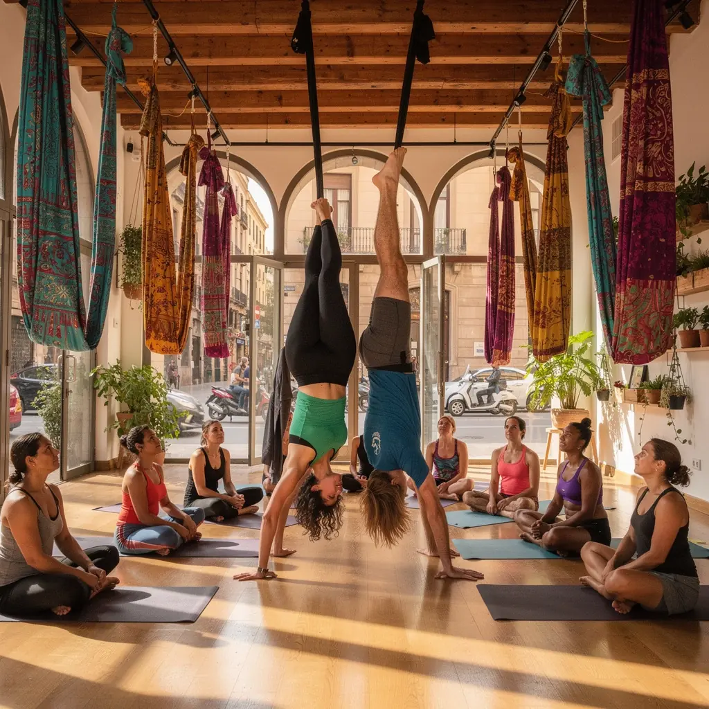 Participantes realizando una secuencia creativa de flotación en el aire.