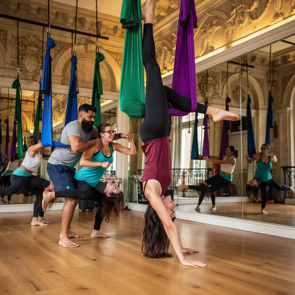 Vista de una hamaca de yoga colgando en un ambiente relajante y acogedor.