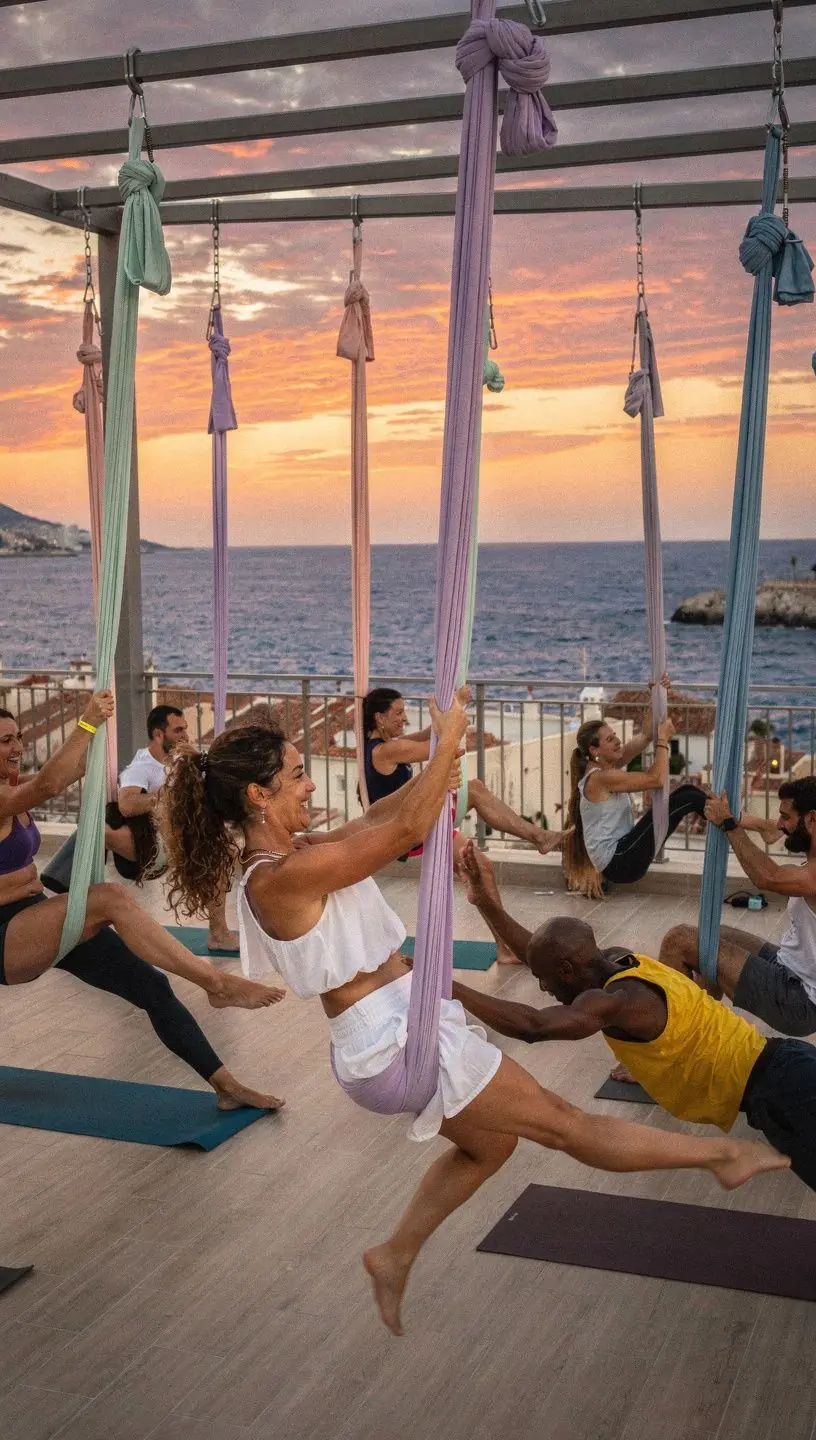 Mujer practicando equilibrio en una postura invertida con la ayuda de la hamaca.