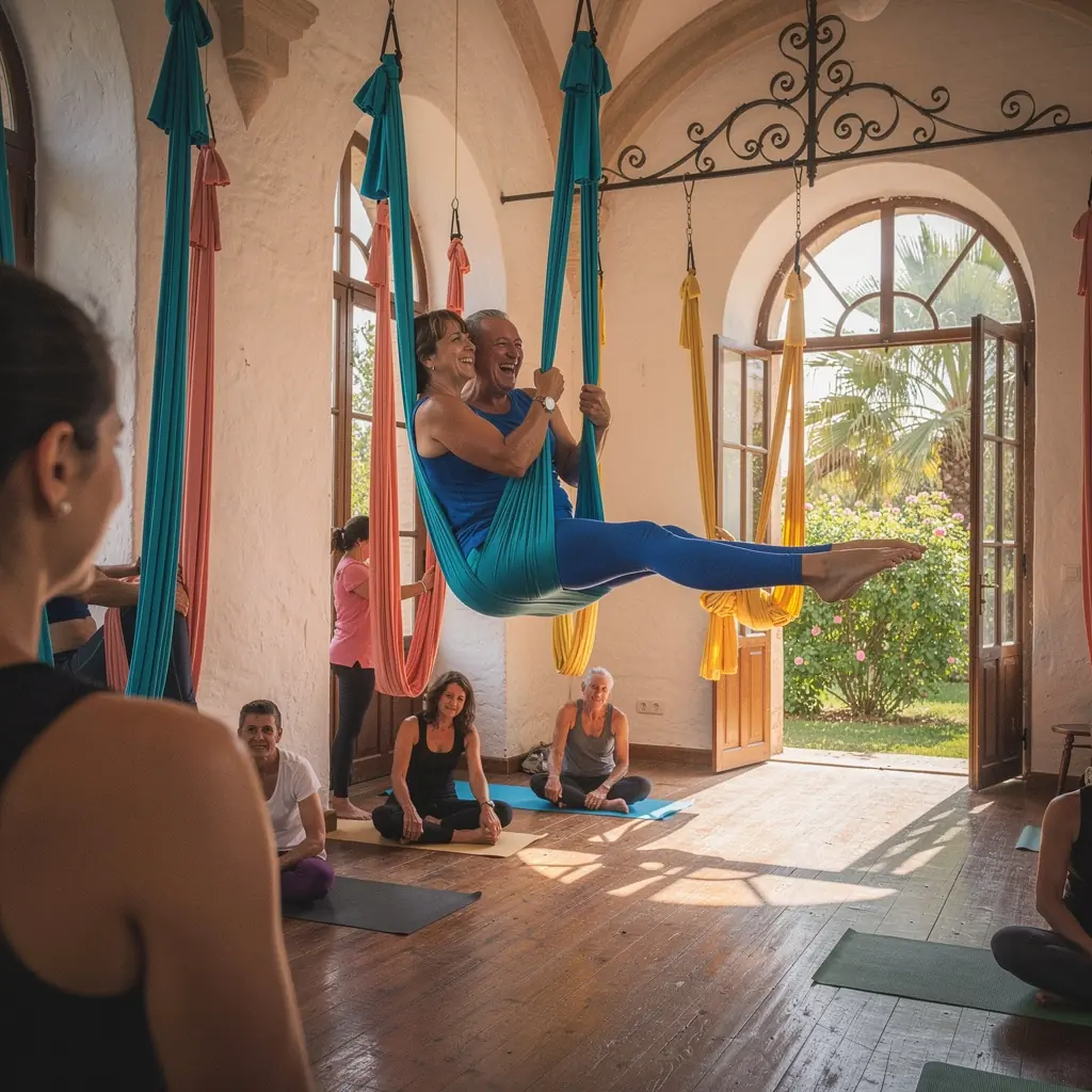 Clase de yoga aéreo al atardecer, con luces suaves y música tranquila.