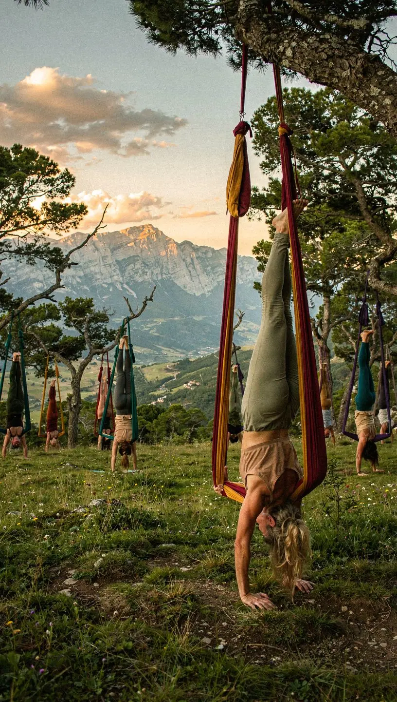 Estudiantes sonriendo mientras disfrutan de la práctica de yoga en hamacas.