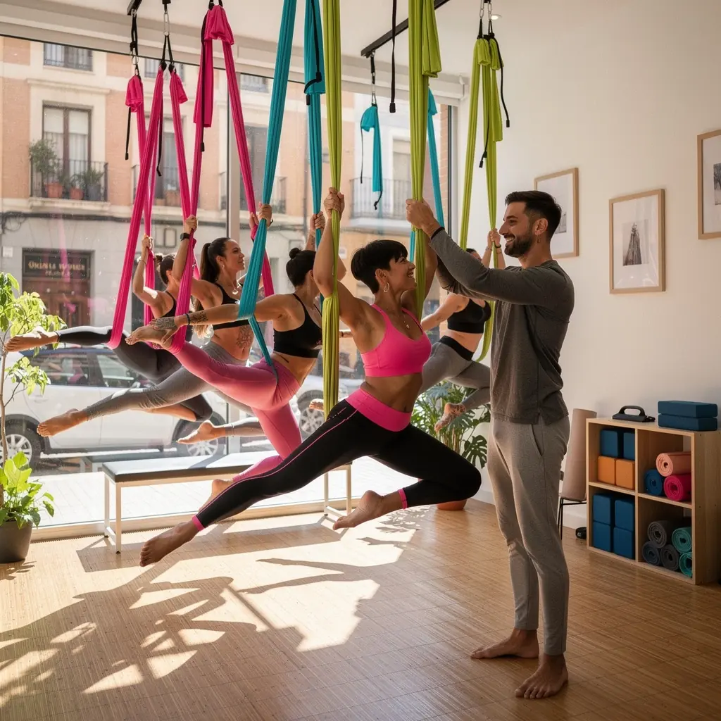 Estudio de yoga aéreo con hamacas suspendidas en un entorno luminoso.