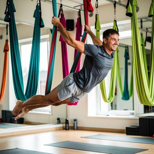 Ambiente acogedor del estudio de yoga aéreo, con iluminación suave y decoraciones inspiradoras.